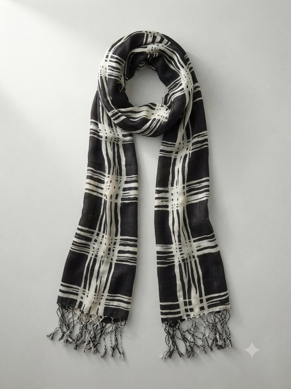 Black & White Abstract Plaid Rayon Tassel Scarf